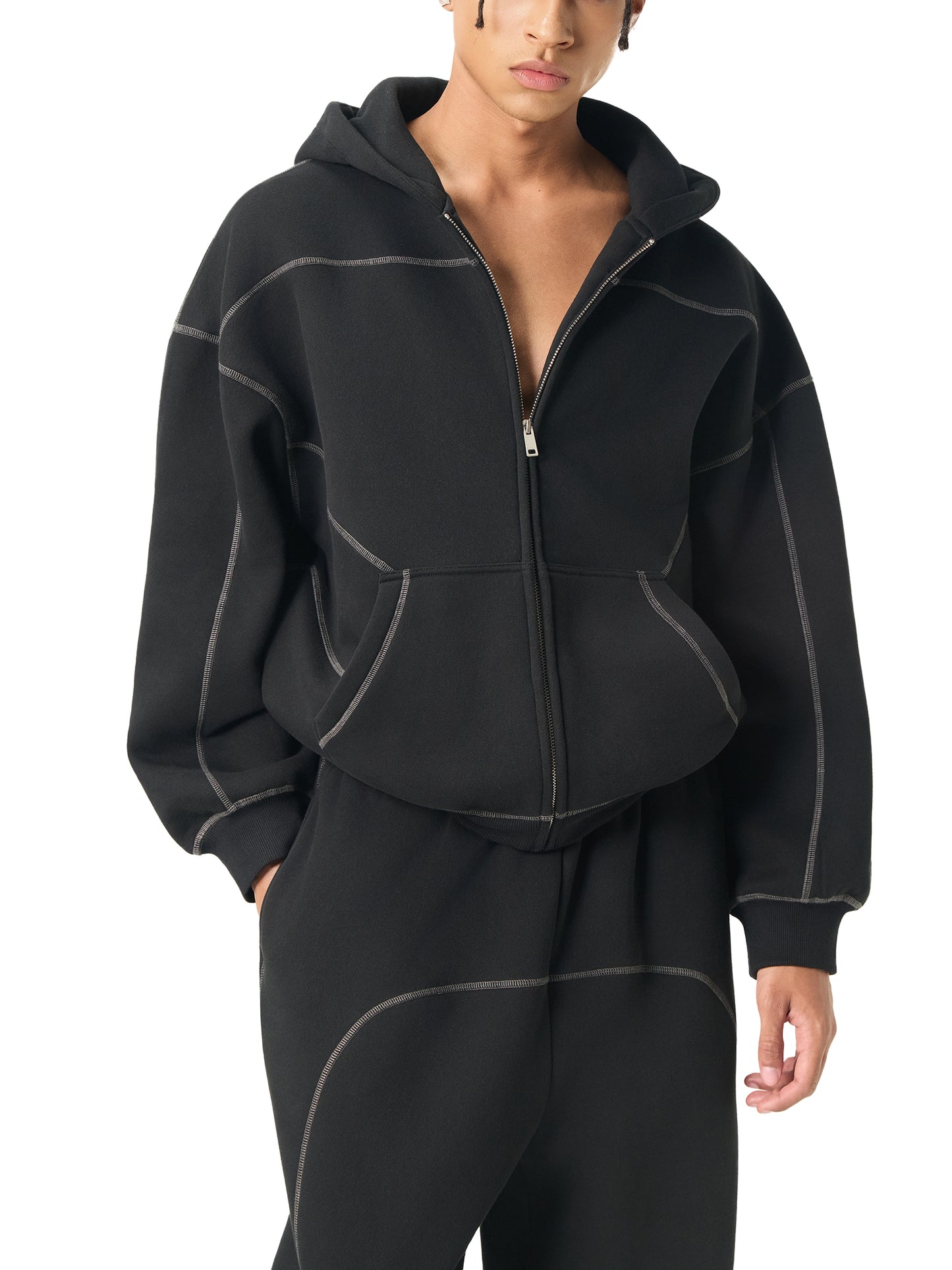 Luxzio Contrast-Stitched Fleece Zip Hoodie