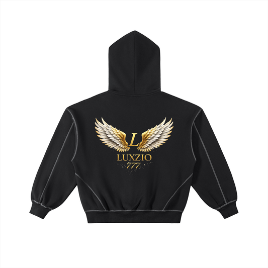Luxzio Contrast-Stitched Fleece Zip Hoodie