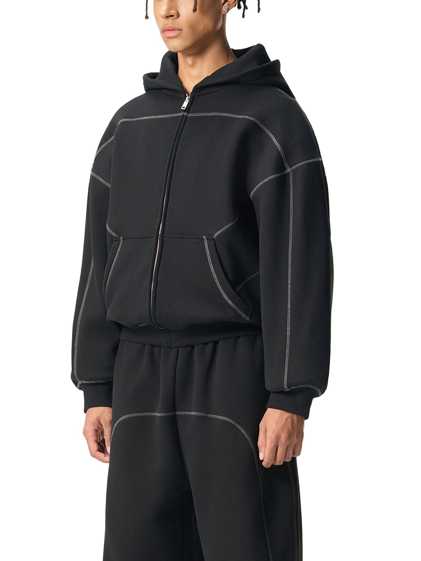 Luxzio Contrast-Stitched Fleece Zip Hoodie