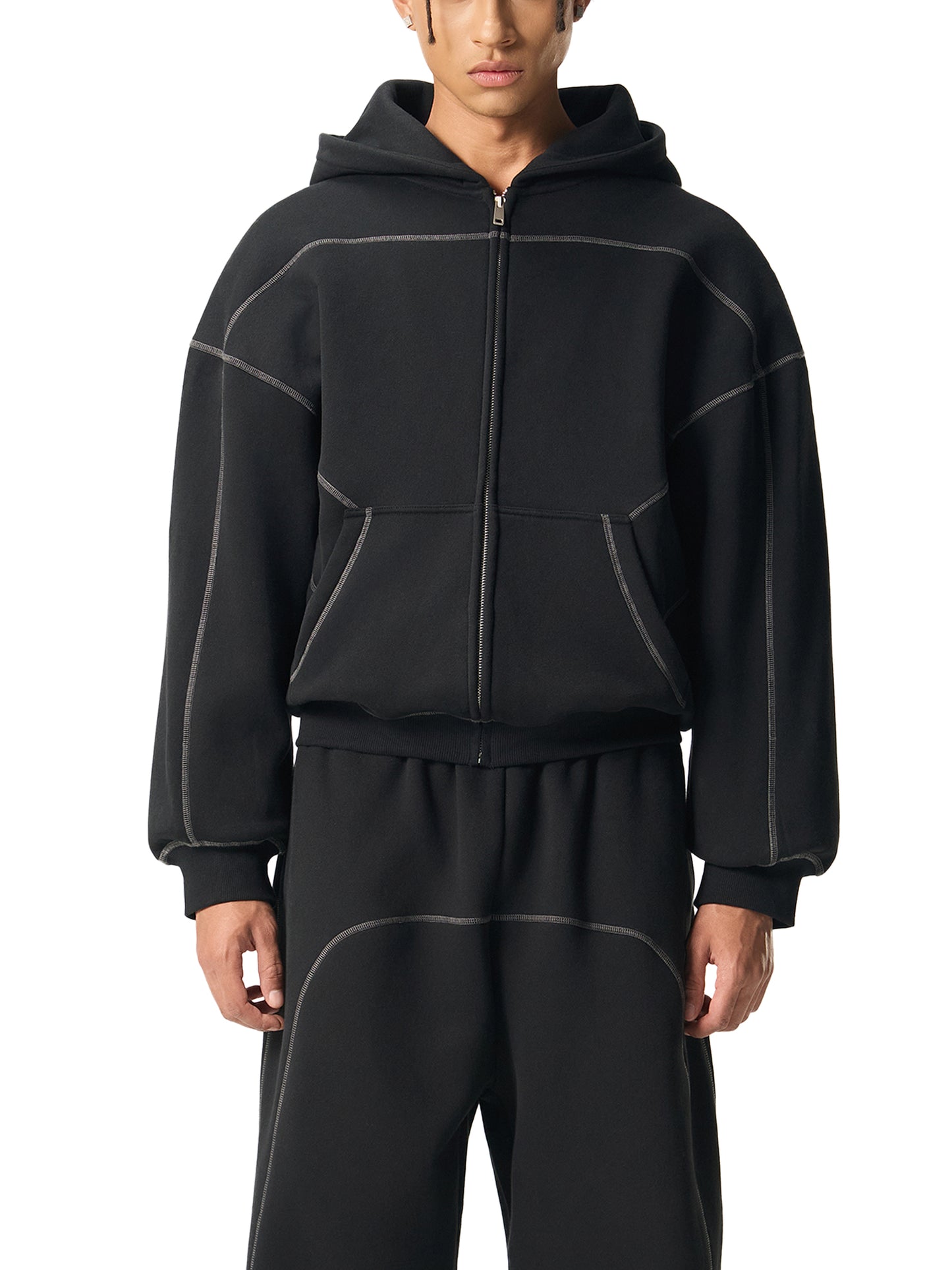 Luxzio Contrast-Stitched Fleece Zip Hoodie