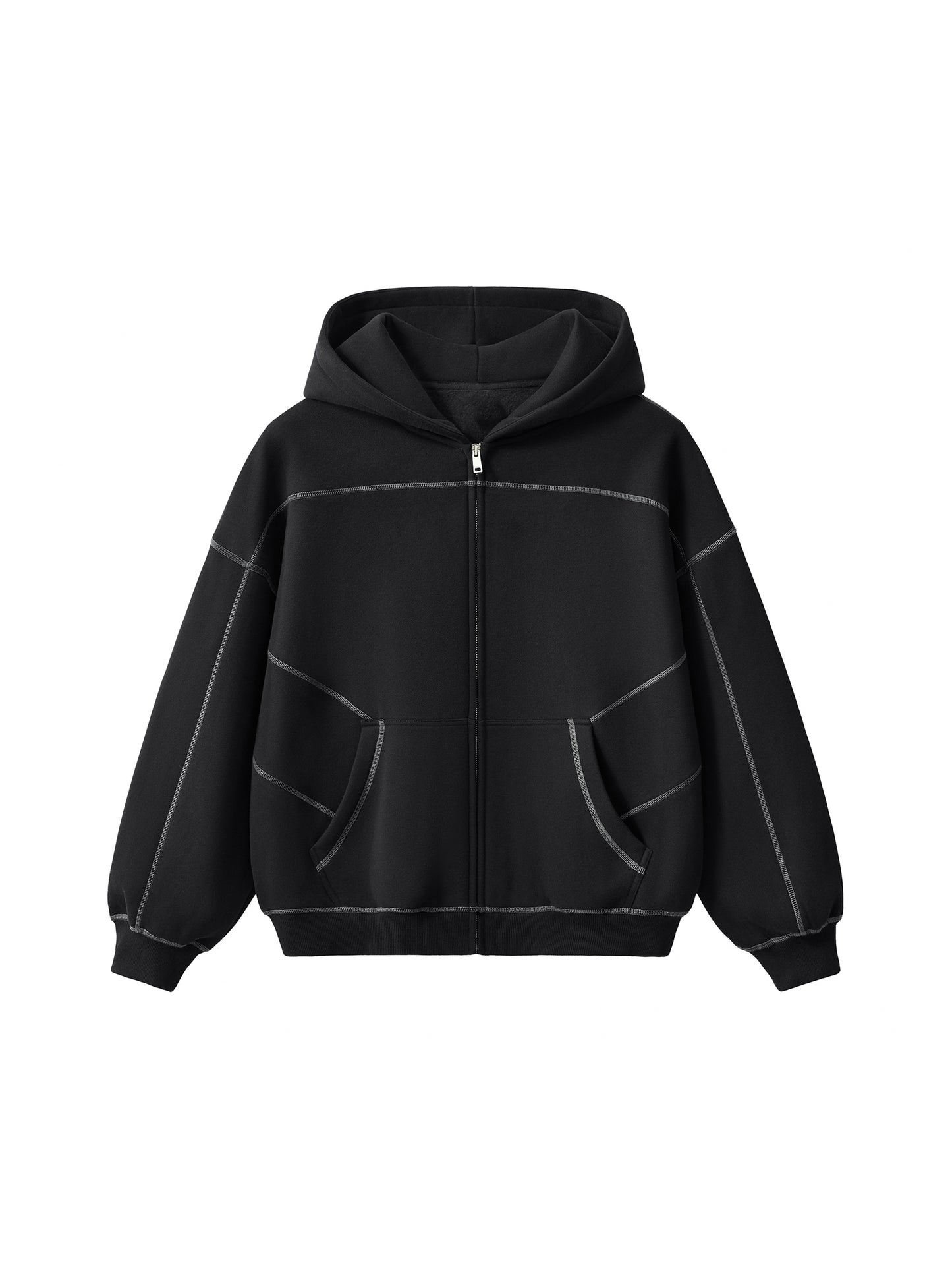 Luxzio Contrast-Stitched Fleece Zip Hoodie